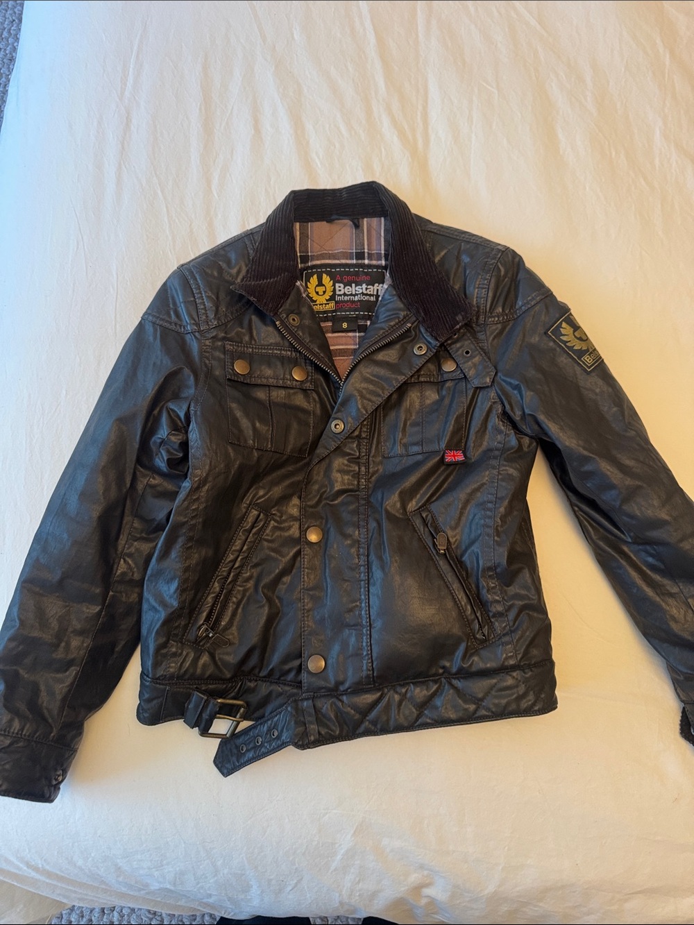 Belstaff Kids Black Leather-Effect Wax Jacket with Cord Collar